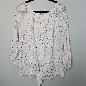 West Kei Office Spring XL White Sheer 3/4 Sleeve Tie Front Blouse